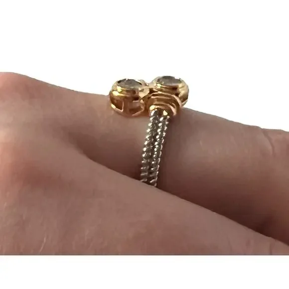 Two Tone Ring Silver Gold Tone Twisted Cable Band 2 Round Zircon Bypass Size 7 - Picture 6 of 8
